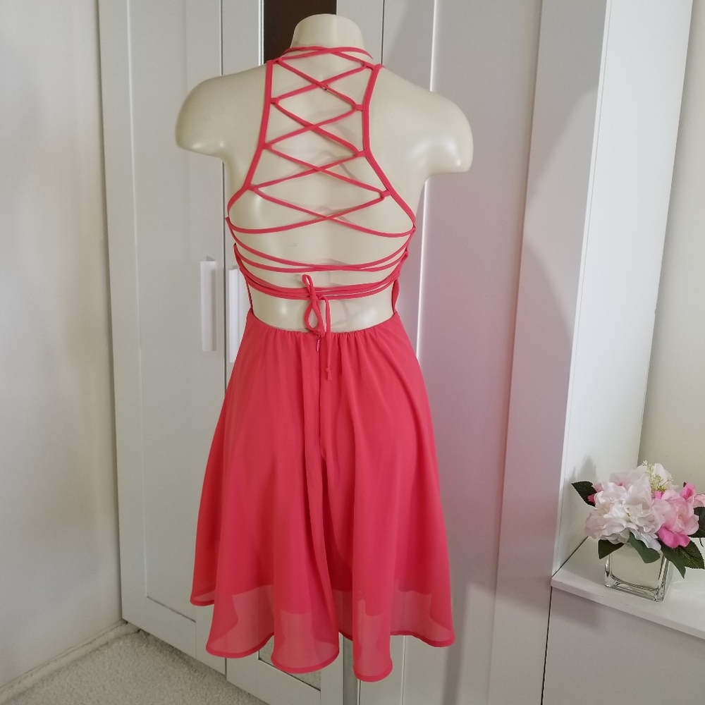 Lulu's Good Deeds Coral Pink Lace-Up Dress